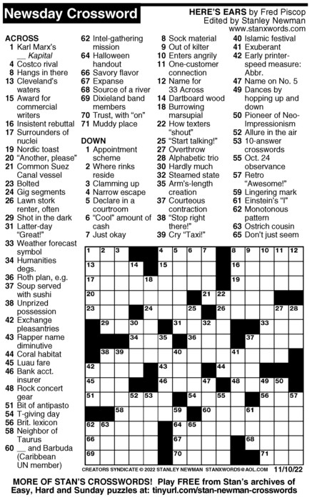 Newsday Crossword Puzzle For Nov 10 2022 By Stanley Newman Creators 
