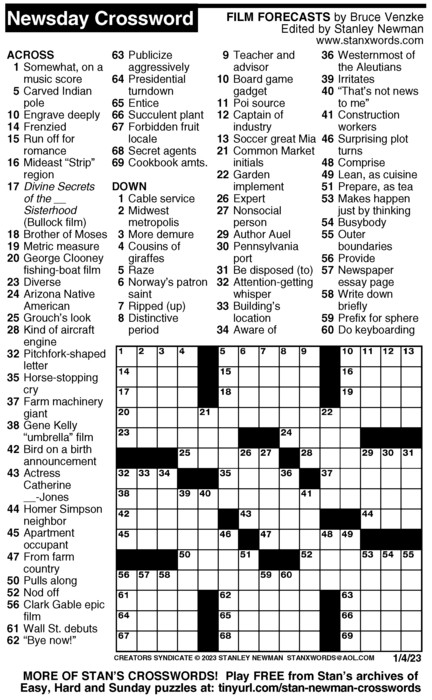 Newsday Crossword Puzzle For Jan 04 2023 By Stanley Newman Creators Syndicate