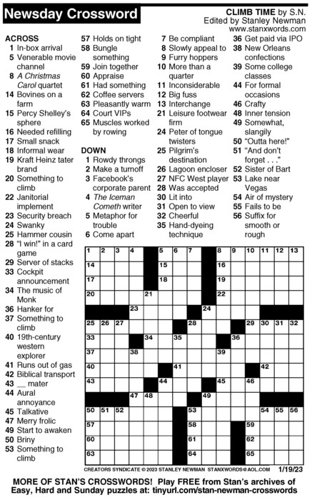 Newsday Crossword Puzzle For Jan 19 2023 By Stanley Newman Creators Syndicate