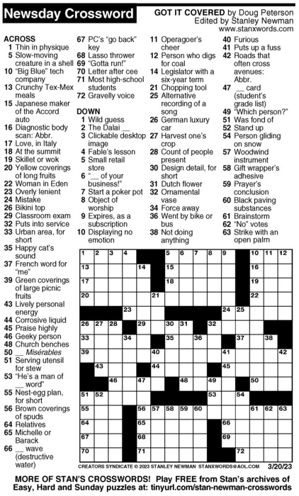 Newsday Crossword Puzzle For Mar 20 2023 By Stanley Newman Creators Newsday Crossword Puzzle For Mar 20 2023 By Stanley Newman Creators