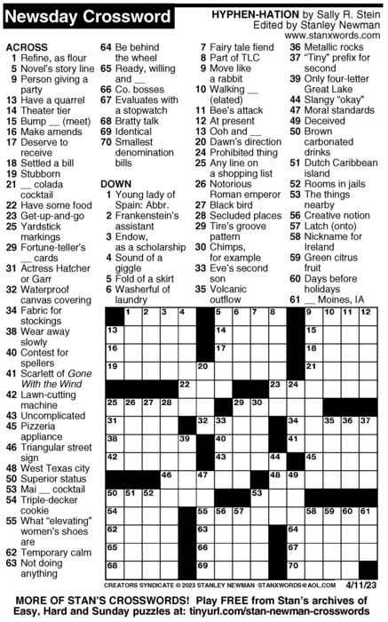 Newsday Crossword Puzzle For Apr 11 2023 By Stanley Newman Creators Newsday Crossword Puzzle For Apr 11 2023 By Stanley Newman Creators