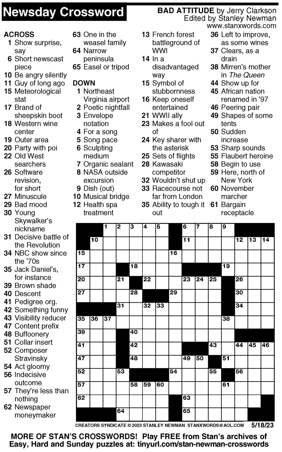 Newsday Crossword Puzzle For May 18 2023 By Stanley Newman Creators Syndicate