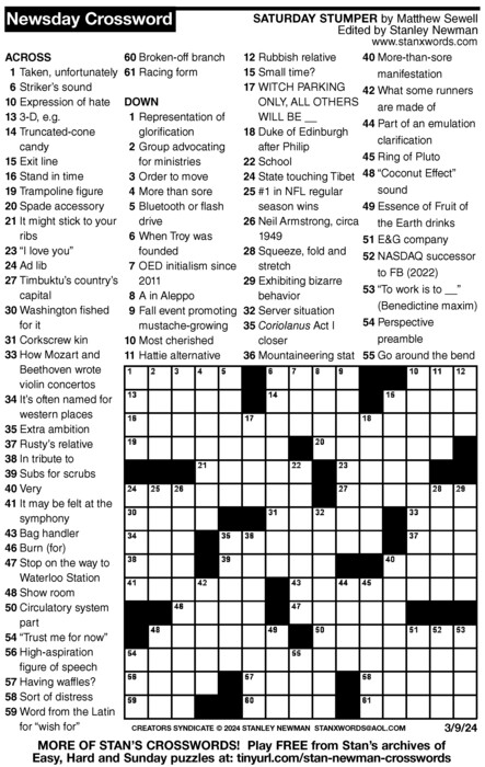 Newsday Crossword Puzzle For Mar 09 2024 By Stanley Newman Creators 
