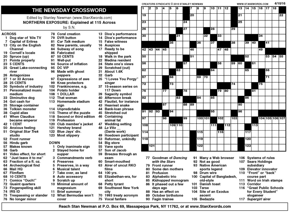 Newsday Crossword Sunday For Apr 10 2016 By Stanley Newman Creators 