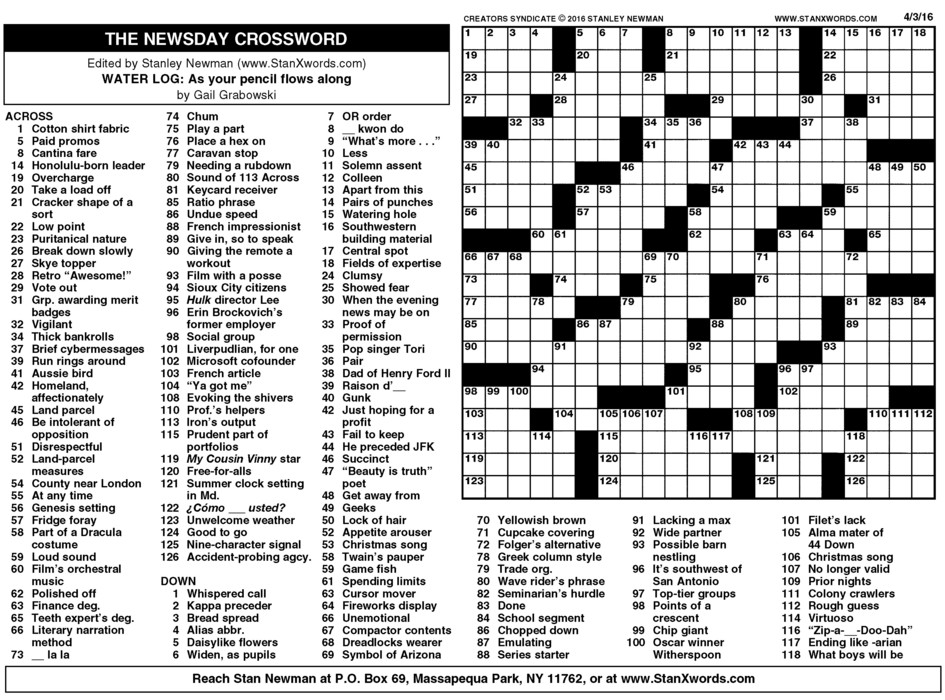 Newsday Crossword Sunday For Apr 03 2016 By Stanley Newman Creators 