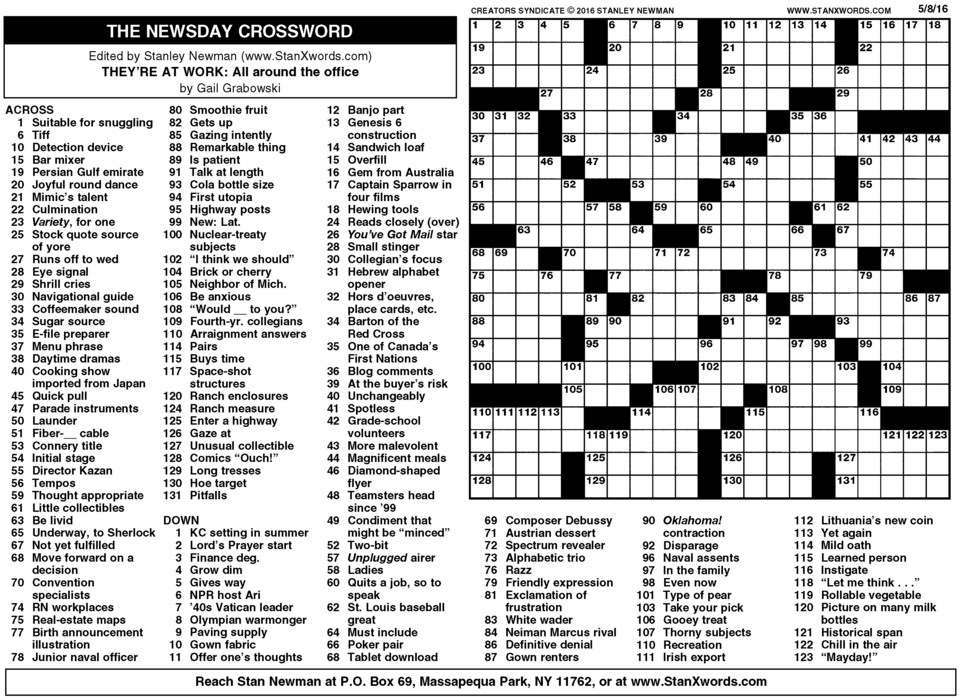 Newsday Crossword Sunday For May 08 2016 By Stanley Newman Creators 