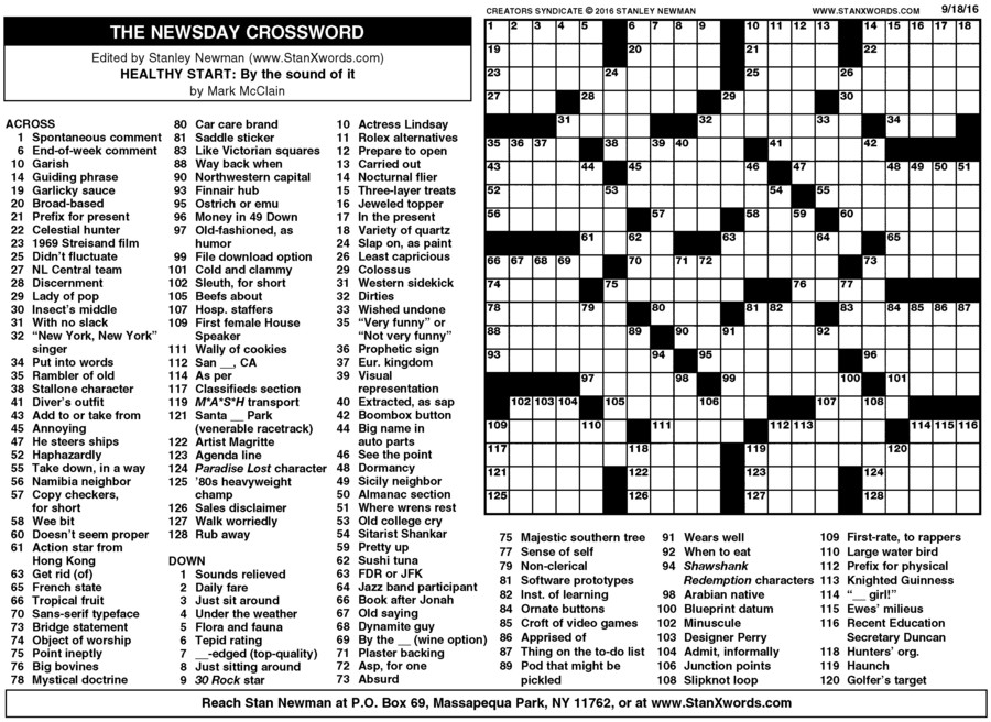 Newsday Crossword Sunday For Sep 18 2016 By Stanley Newman Creators 
