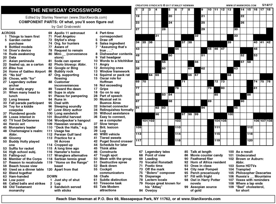 Newsday Crossword Sunday for May 14, 2017, by Stanley ...