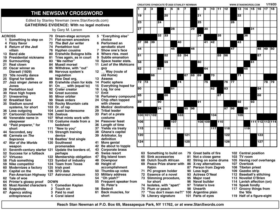 Newsday Crossword Sunday For Jan 19 2020 By Stanley Newman Creators 