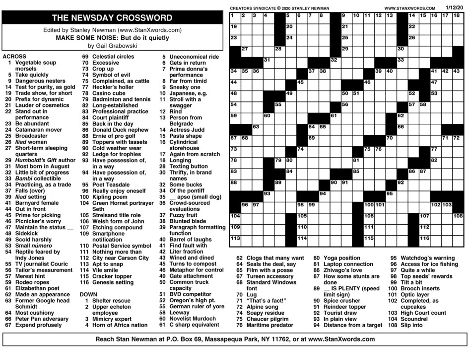 Newsday Crossword Sunday For Jan 12 2020 By Stanley Newman Creators 