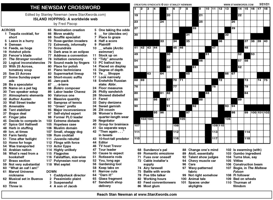 Newsday Crossword Sunday For Mar 21 2021 By Stanley Newman Creators 