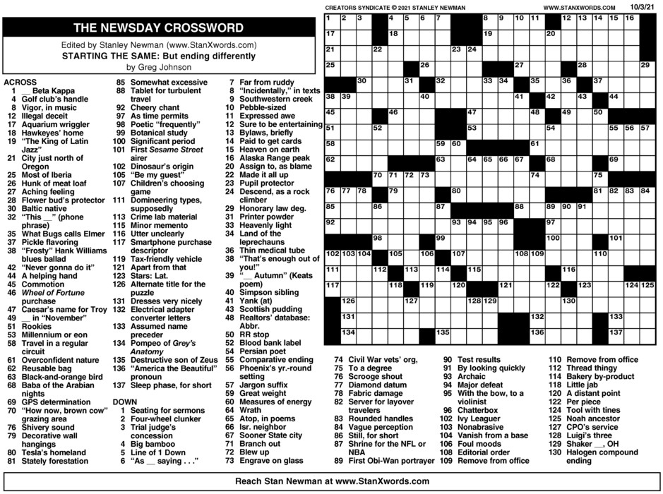 Newsday Crossword Sunday For Oct 03 2021 By Stanley Newman Creators 