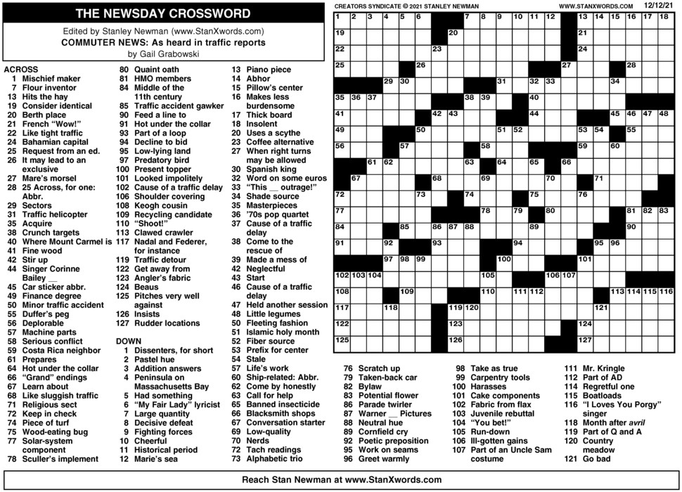 Newsday Crossword Sunday For Dec 12 2021 By Stanley Newman Creators