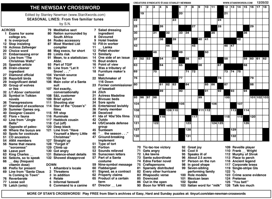 Newsday Crossword Sunday For Dec 25 2022 By Stanley Newman Creators