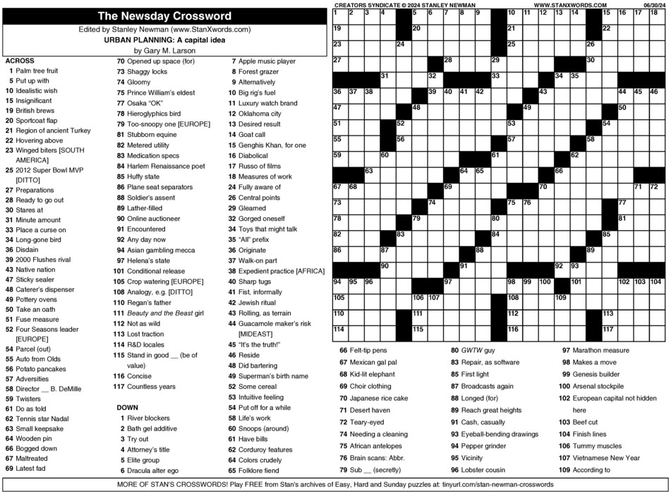 Newsday Crossword Sunday For Jun 30 2024 By Stanley Newman Creators 