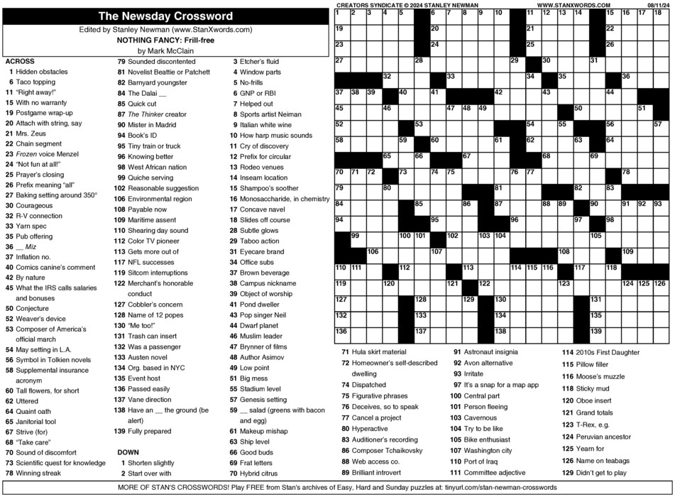 Newsday Crossword Sunday For Aug 11 2024 By Stanley Newman Creators 