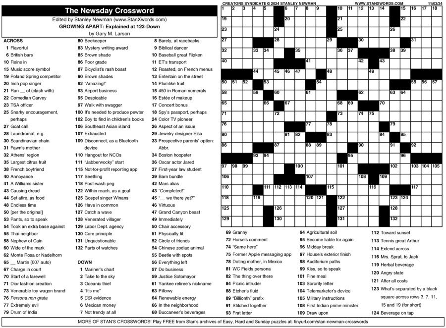 Newsday Crossword Sunday For Nov 03 2024 By Stanley Newman Creators 