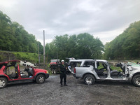  Greg Burton, the head of Westrock Rescue Squad, teaches local first responder volunteers how to quickly and safely extract crash victims after an accident. Photo credit Salena Zito. 